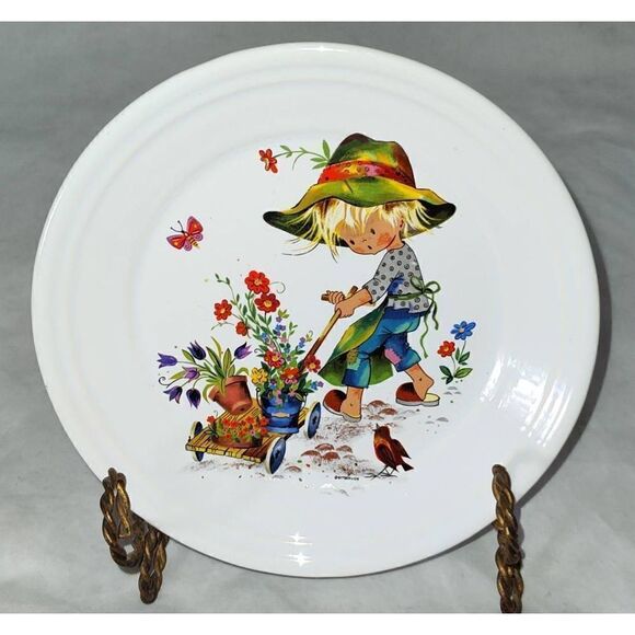 THE LITTLE GARDENER Girl Boy Flower Garden Cart Plate 6.25" No markings - Picture 1 of 4